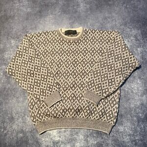 Vintage Croft & Barrow Mens Large Geometric Knit Cotton Sweater Tan Brown USA